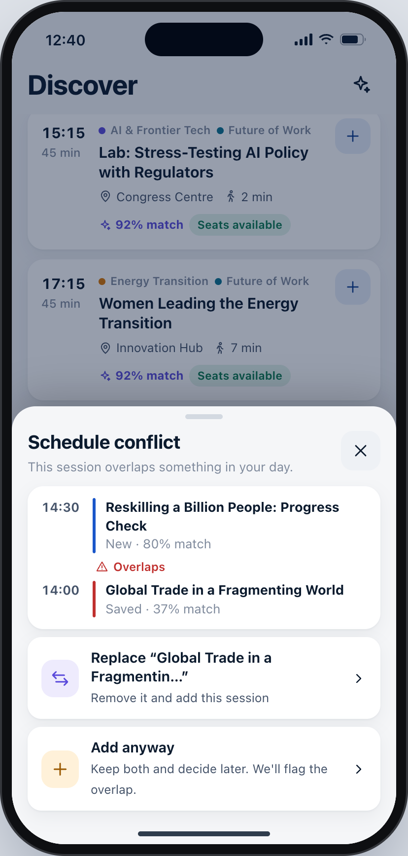 Baseline conflict sheet with a red Overlaps label and no times