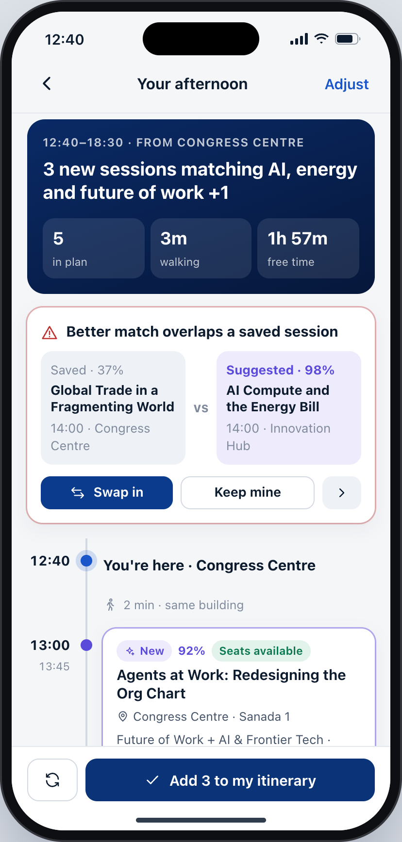 Baseline plan result says 1h 57m free time