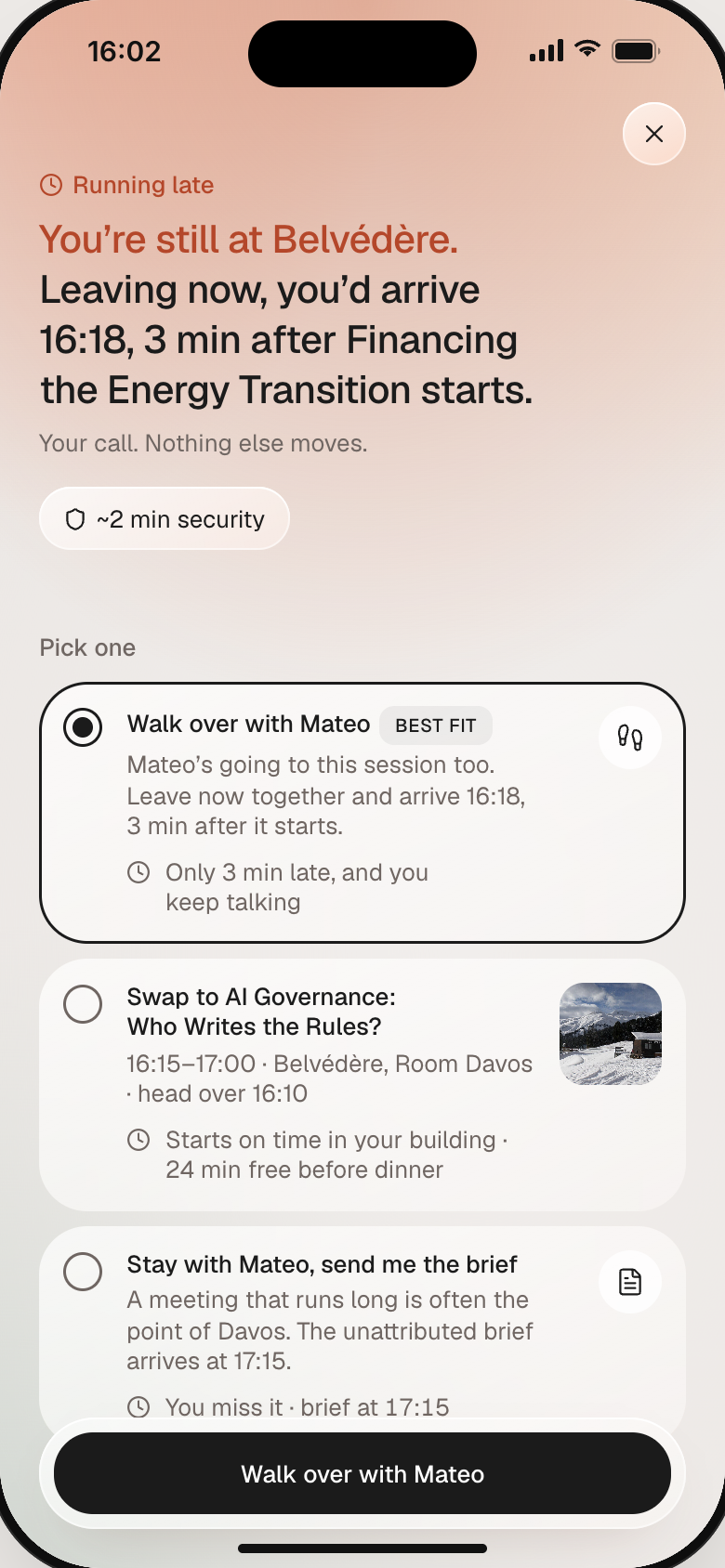 Final fix screen. You're still at Belvédère. Leaving now, you'd arrive 16:18, 3 min late