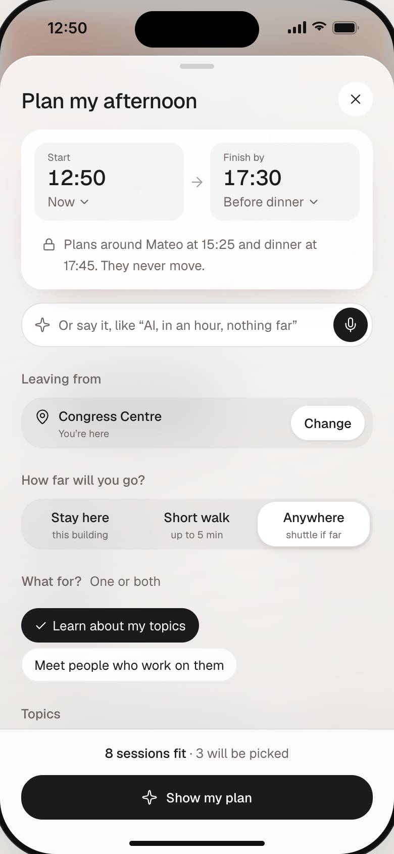 Plan my afternoon sheet, prefilled, with a field to say it in your own words