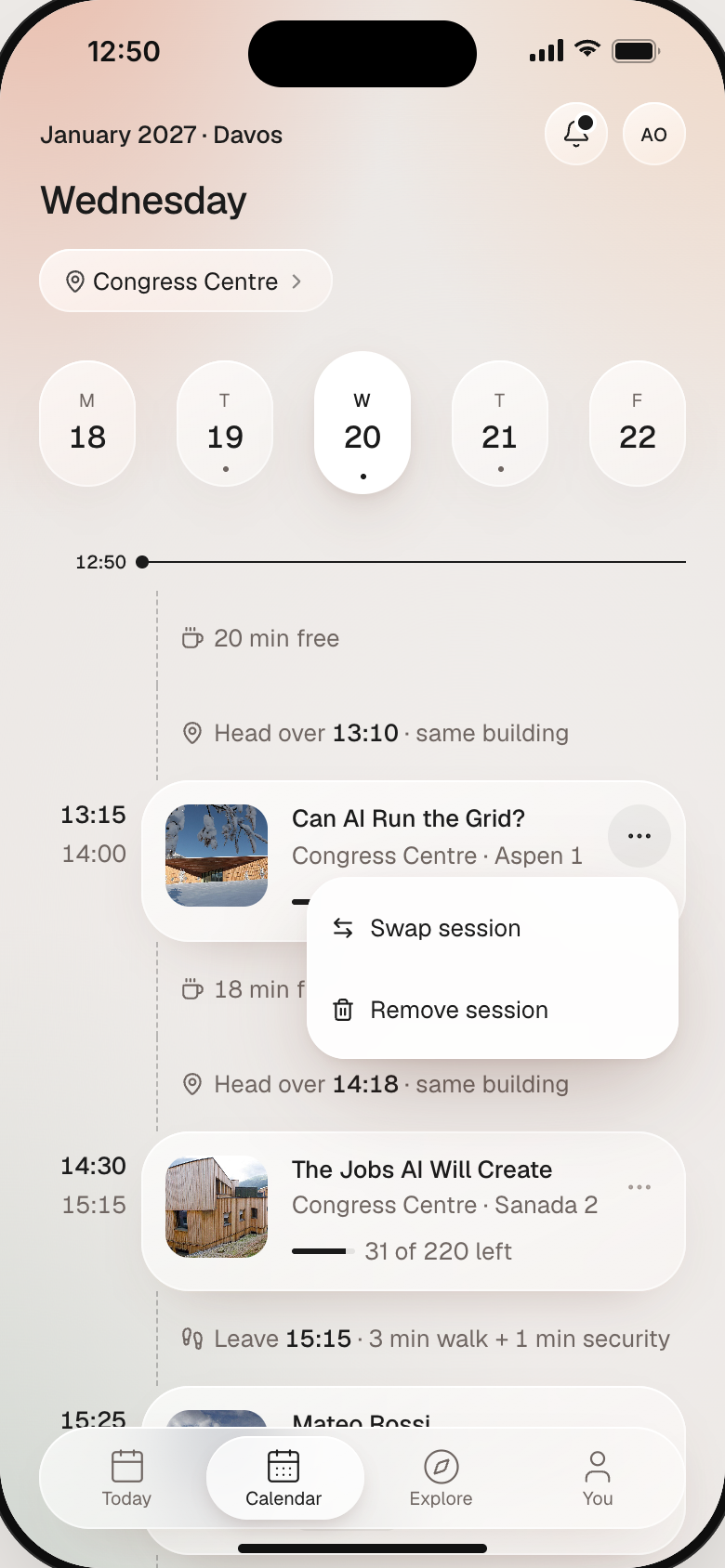 Final Calendar with a session's menu open, showing Swap session and Remove session